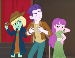 Size: 879x681 | Tagged: safe, screencap, episode:how to backstage, g4, my little pony:equestria girls, clothing, cropped, dakota verde, dirk thistleweed, dress, eyes closed, female, hat, male, pants, trio, violet wisteria