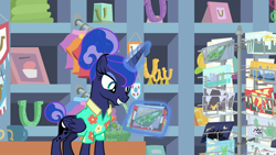Size: 1920x1080 | Tagged: safe, screencap, character:princess luna, species:alicorn, species:pony, episode:between dark and dawn, g4, my little pony: friendship is magic, beautiful, clothing, cute, eyeshadow, female, folded wings, glowing horn, grin, hair bun, hawaiian shirt, horn, looking down, lotta little things, magic, magic aura, makeup, mare, post card, postcard, shirt, smiling, solo, tail bun, vacation, wings