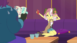 Size: 1280x720 | Tagged: safe, screencap, character:vignette valencia, episode:inclement leather, g4, my little pony:equestria girls, book, cellphone, clothing, female, inclement leather: vignette valencia, legs, lipstick, male, offscreen character, peace sign, phone, rift axe, shorts, smartphone, vignette valencia
