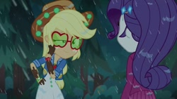 Size: 1280x720 | Tagged: safe, screencap, character:applejack, character:rarity, episode:inclement leather, g4, my little pony:equestria girls, applejack's hat, clothing, cowboy hat, dirty, forest, glasses, hat, inclement leather: applejack, mud, my little pony, rain, sunglasses