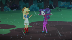 Size: 2208x1242 | Tagged: safe, screencap, character:applejack, character:rarity, episode:inclement leather, g4, my little pony:equestria girls, applejack's sunglasses, female, inclement leather: applejack, mud puddle, rain, shipping fuel, wet hair, wet hairity