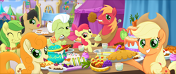 Size: 3840x1616 | Tagged: safe, screencap, character:apple bloom, character:apple fritter, character:applejack, character:big mcintosh, character:caramel apple, character:golden delicious, character:granny smith, species:earth pony, species:pony, my little pony: the movie (2017), apple, apple family, apple family member, apple juice, apple pie, apple slice, background pony, blueberry, cake, caramel apple (food), carrot, crumbs, cupcake, eating, eyes closed, female, filly, food, grapes, juice, licking, licking lips, male, mare, one eye closed, pie, pineapple, pudding, puffy cheeks, punch (drink), punch bowl, sandwich, shishkebab, stallion, tongue out, upscaled, we got this together