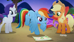 Size: 1366x768 | Tagged: safe, screencap, character:applejack, character:rainbow dash, character:rarity, species:pony, friendship is magic: rainbow roadtrip, g4, my little pony: friendship is magic, balloon basket, broken, discovery family logo, map
