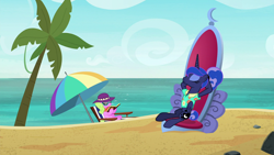 Size: 1920x1080 | Tagged: safe, screencap, character:daisy, character:princess luna, species:pony, episode:between dark and dawn, g4, my little pony: friendship is magic, beach, clothing, lotta little things, shirt, throne