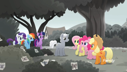 Size: 1366x768 | Tagged: safe, screencap, character:applejack, character:fluttershy, character:pinkie pie, character:rainbow dash, character:rarity, character:twilight sparkle, character:twilight sparkle (alicorn), species:alicorn, species:pony, friendship is magic: rainbow roadtrip, g4, my little pony: friendship is magic, applejack's hat, bush, butterfly, clothing, cowboy hat, desaturated, discovery family logo, drawing, grass, grayscale, hat, hope hollow, house, mane six, monochrome, tree
