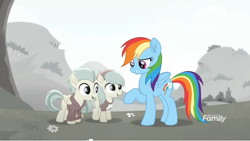 Size: 1366x770 | Tagged: safe, screencap, character:barley barrel, character:pickle barrel, character:rainbow dash, species:pony, friendship is magic: rainbow roadtrip, g4, my little pony: friendship is magic, barleybetes, barrel twins, barrelbetes, brother and sister, colorless, colt, cute, dashabetes, desaturated, discovery family logo, female, filly, flower, folded wings, grass, grayscale, hill, male, mare, monochrome, picklebetes, raised eyebrow, raised hoof, siblings, smiling, smirk, twins, wings