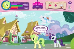 Size: 747x498 | Tagged: safe, official, screencap, character:carrot top, character:golden harvest, character:rainbow dash, character:rarity, species:earth pony, species:pony, species:unicorn, adventures in ponyville, blatant lies, duo, duo female, female, game, green hair, lies, mare