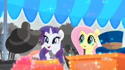 Size: 1366x768 | Tagged: safe, screencap, character:fluttershy, character:rarity, species:pony, friendship is magic: rainbow roadtrip, g4, my little pony: friendship is magic, box, clothing, colored, desaturated, discovery family logo, excited, grayscale, hat, hope hollow, magic, monochrome, surprised, top hat