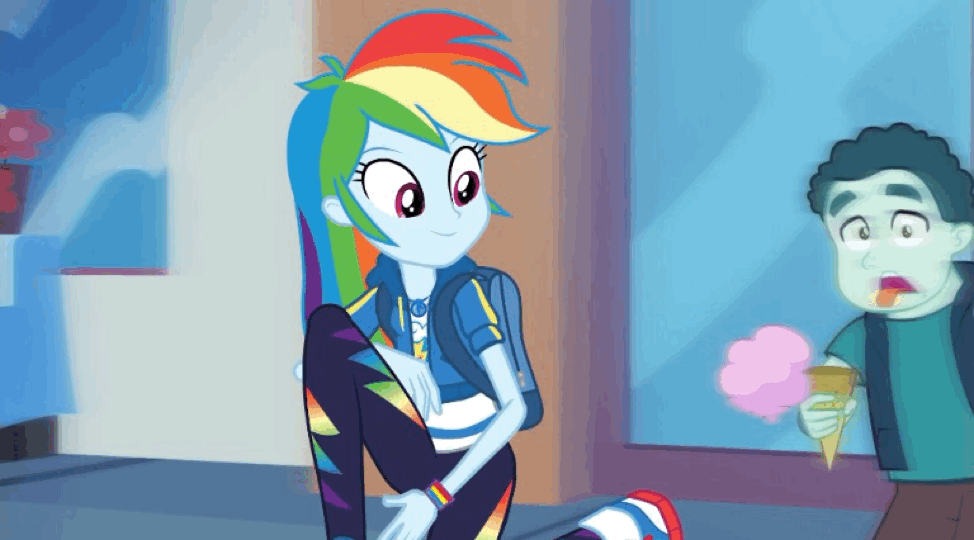 Size: 974x540 | Tagged: safe, screencap, character:rainbow dash, episode:run to break free, g4, my little pony:equestria girls, animated, background human, cute, dashabetes, dropped ice cream, food, geode of super speed, gif, ice cream, magical geodes, mint chip, shoes, sneakers