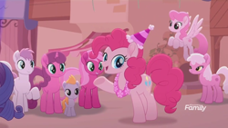 Size: 1366x768 | Tagged: safe, screencap, character:pinkie pie, character:rarity, species:earth pony, species:pegasus, species:pony, species:unicorn, friendship is magic: rainbow roadtrip, g4, my little pony: friendship is magic, background pony, clothing, crowd, discovery family logo, dot cutie mark, female, filly, flying, hat, lei, male, mare, party hat, pink, pink pony, stallion, thistle rain, unnamed pony
