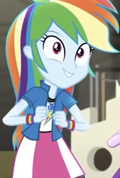 Size: 552x816 | Tagged: safe, screencap, character:rainbow dash, character:twilight sparkle, character:twilight sparkle (scitwi), species:eqg human, equestria girls:movie magic, g4, my little pony:equestria girls, clothing, compression shorts, cropped, cute, dashabetes, female, geode of super speed, jacket, magical geodes, offscreen character, shorts, skirt, solo focus, wristband