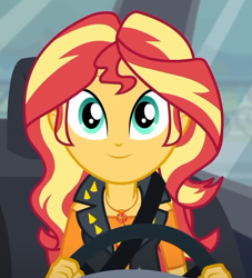 Size: 598x660 | Tagged: safe, screencap, character:sunset shimmer, episode:driving miss shimmer, g4, my little pony:equestria girls, cropped, cute, driving miss shimmer: fluttershy, female, geode of empathy, magical geodes, seatbelt, shimmerbetes, solo, steering wheel