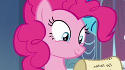 Size: 1920x1080 | Tagged: safe, screencap, character:pinkie pie, species:pony, episode:between dark and dawn, g4, my little pony: friendship is magic, scroll, solo