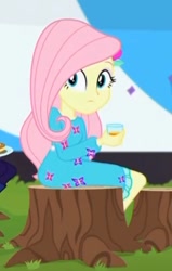 Size: 324x509 | Tagged: safe, screencap, character:fluttershy, equestria girls:sunset's backstage pass, g4, my little pony:equestria girls, cropped, cute, juice, orange juice, shyabetes, tree stump