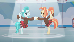 Size: 1920x1080 | Tagged: safe, screencap, character:lighthoof, character:shimmy shake, species:earth pony, species:pony, episode:2-4-6 greaaat, cheerleader, cheerleader outfit, clothing, duo, female, flexible, grin, lidded eyes, lightorable, mare, pleated skirt, ponytail, raised hoof, raised leg, shakeabetes, skirt, smiling, sweater