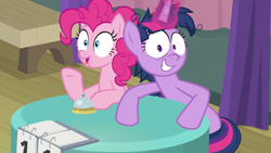 Size: 1920x1080 | Tagged: safe, screencap, character:pinkie pie, character:twilight sparkle, character:twilight sparkle (alicorn), species:alicorn, species:pony, episode:a trivial pursuit, g4, my little pony: friendship is magic, derp, faec, messy mane, twilight snapple