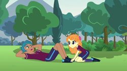 Size: 1280x720 | Tagged: safe, screencap, character:orange sherbette, episode:pinkie spy, g4, my little pony:equestria girls, background human, carlos thunderbolt, clothing, female, legs, male, shoes, shorts