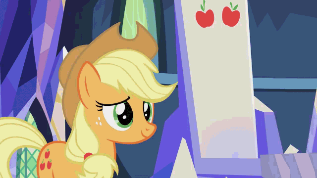 Size: 640x360 | Tagged: safe, screencap, character:applejack, character:pinkie pie, species:earth pony, species:pony, episode:the last laugh, g4, my little pony: friendship is magic, animated, applejack is not amused, applejack's hat, clothing, cowboy hat, cute, duo, female, freckles, frown, grin, hat, insulted, jackabetes, lidded eyes, mare, mood swing, ponytail, raised eyebrow, sheepish grin, smiling, stetson, twilight's castle, unamused