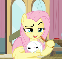 Size: 1012x964 | Tagged: safe, screencap, character:angel bunny, character:fluttershy, episode:a trivial pursuit, g4, my little pony: friendship is magic, brushing, cropped, cute, dreamworks face, raised eyebrow, shyabetes, smug, smugshy, wing hands, wing hold, wings