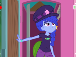 Size: 960x720 | Tagged: safe, screencap, episode:five lines you need to stand in, g4, my little pony:equestria girls, background human, clothing, outhouse, smiling, space camp (character)