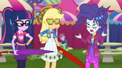 Size: 1914x1080 | Tagged: safe, screencap, character:applejack, character:rarity, character:twilight sparkle, character:twilight sparkle (scitwi), species:eqg human, episode:inclement leather, g4, my little pony:equestria girls, applejack's festival hat, applejack's sunglasses, background human, clothing, cowboy hat, drama queen, duke suave, female, glasses, hat, inclement leather: vignette valencia, makeup, male, marshmelodrama, mascara, mascarity, messy hair, outdoors, ponytail, rarity being rarity, running makeup, suede jacket, sunglasses, umbrella