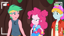 Size: 1280x720 | Tagged: safe, screencap, character:pinkie pie, episode:five lines you need to stand in, g4, my little pony:equestria girls, background human, bare arms, camera shot, cap, clothing, eyes closed, female, fry lilac, geode of sugar bombs, hat, lemon zack, magical geodes, male, recording, smiling, video
