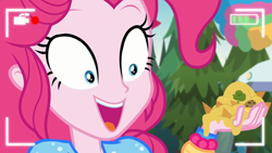 Size: 1920x1080 | Tagged: safe, screencap, character:pinkie pie, episode:five lines you need to stand in, g4, my little pony:equestria girls, chips, close-up, excited, extreme close up, female, food, nachos, open mouth, recording, selfie drone, smiling, solo, video, wide eyes