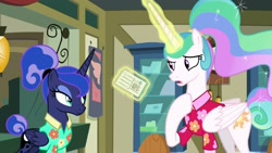 Size: 1920x1080 | Tagged: safe, screencap, character:princess celestia, character:princess luna, species:pony, episode:between dark and dawn, g4, my little pony: friendship is magic, alternate hairstyle, clothing, hawaiian shirt, letter, magic, shirt