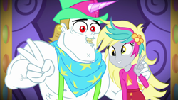 Size: 1920x1080 | Tagged: safe, screencap, character:bulk biceps, character:derpy hooves, episode:lost and pound, g4, my little pony:equestria girls, derpybulk, female, lost and pound: rarity, male, peace sign, photo booth, pose, shipping fuel, smiling