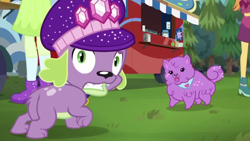 Size: 1280x720 | Tagged: safe, screencap, character:aqua blossom, character:spike, character:spike (dog), species:dog, episode:lost and pound, g4, my little pony:equestria girls, lost and pound: spike, orange sunrise, paws, princess thunder guts, spike's festival hat