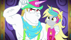 Size: 1920x1080 | Tagged: safe, screencap, character:bulk biceps, character:derpy hooves, character:rarity, episode:lost and pound, g4, my little pony:equestria girls, animated, cheek squish, clothing, faec, hand on shoulder, hat, knocked silly, lost and pound: rarity, mud, one eye closed, one eye open, peace sign, photo booth, pose, princess thunder guts, run over, running, smiling, sound, squishy cheeks, webm, wide eyes