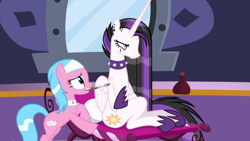 Size: 1920x1080 | Tagged: safe, screencap, character:aloe, character:princess celestia, species:alicorn, species:earth pony, species:pony, episode:between dark and dawn, g4, my little pony: friendship is magic, annoyed, celestia is not amused, choker, crossed arms, crossed hooves, darklestia, duo, ear piercing, face paint, female, folded wings, goth, hair dye, hoof shoes, intimidated, mare, mouth hold, narrowed eyes, paintbrush, piercing, ponyville spa, pouting, punklestia, sitting, unamused, vacation, yikes