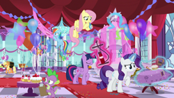Size: 1920x1080 | Tagged: safe, screencap, character:applejack, character:fluttershy, character:rainbow dash, character:rarity, character:spike, character:twilight sparkle, character:twilight sparkle (alicorn), species:alicorn, species:dragon, species:earth pony, species:pegasus, species:pony, species:unicorn, episode:between dark and dawn, g4, my little pony: friendship is magic, air pump, applejack's hat, balloon, blowing up balloons, canterlot castle, clothing, cowboy hat, decoration, female, food, glowing horn, hat, horn, horseshoes, inflating, magic, male, mare, note, party, pumping, stars, statue, streamers, telekinesis, winged spike