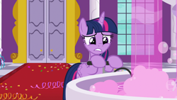 Size: 1920x1080 | Tagged: safe, screencap, character:twilight sparkle, character:twilight sparkle (alicorn), species:alicorn, species:pony, episode:between dark and dawn, g4, my little pony: friendship is magic, air pump, bubble, confetti, fountain, solo, streamers