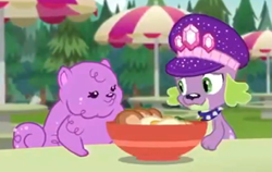 Size: 843x532 | Tagged: safe, screencap, character:spike, character:spike (dog), species:dog, episode:lost and pound, g4, my little pony:equestria girls, clothing, female, food, hat, lost and pound: spike, noodles, paws, princess thunder guts, shipping fuel, spike's festival hat
