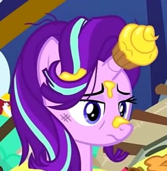 Size: 399x408 | Tagged: safe, screencap, character:starlight glimmer, species:pony, species:unicorn, episode:every little thing she does, g4, my little pony: friendship is magic, cropped, cupcake, cute, food, messy mane, sad, solo