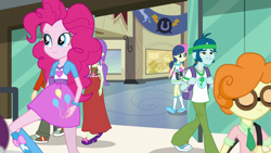 Size: 1280x720 | Tagged: safe, screencap, character:bon bon, character:captain planet, character:normal norman, character:pinkie pie, character:scribble dee, character:starlight, character:sweetie drops, episode:all's fair in love & friendship games, g4, my little pony:equestria girls, background human, backpack, boots, canterlot high, clothing, dress, female, male, mary janes, miniskirt, pants, shoes, skipping, skirt, sneakers, socks, starlight
