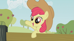 Size: 853x480 | Tagged: safe, screencap, character:apple bloom, species:earth pony, species:pony, episode:the last roundup, g4, my little pony: friendship is magic, applejack's hat, clothing, cowboy hat, female, fence, filly, happy, hat, solo, waving