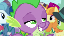 Size: 1280x720 | Tagged: safe, screencap, character:spike, species:dragon, species:pony, species:unicorn, episode:princess spike, g4, my little pony: friendship is magic, claws, female, grin, lidded eyes, male, mare, name needed, raised eyebrow, slit eyes, smiling, solo focus, stallion