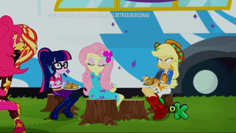 Size: 800x450 | Tagged: safe, screencap, character:applejack, character:fluttershy, character:pinkie pie, character:rarity, character:sunset shimmer, character:twilight sparkle, character:twilight sparkle (scitwi), species:eqg human, equestria girls:sunset's backstage pass, g4, my little pony:equestria girls, animated, clothing, cute, dress, female, music festival outfit, shipping fuel, shoes, sneakers, tree stump, twirl