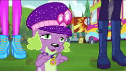 Size: 720x405 | Tagged: safe, screencap, character:rarity, character:spike, character:spike (dog), character:twilight sparkle, character:twilight sparkle (scitwi), species:dog, species:eqg human, episode:lost and pound, g4, my little pony:equestria girls, boots, clothing, female, hat, lost and pound: spike, male, shoes, spike's dog collar, spike's festival hat