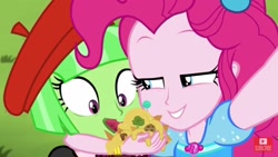 Size: 1280x720 | Tagged: safe, screencap, character:pinkie pie, episode:five lines you need to stand in, g4, my little pony:equestria girls, cheese, food, green face, rapeface, youtube, youtube logo