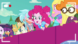 Size: 1280x720 | Tagged: safe, screencap, character:fleur-de-lis, character:frosty orange, character:ginger owlseye, character:pinkie pie, character:scribble dee, character:snails, character:wiz kid, episode:five lines you need to stand in, g4, my little pony:equestria girls, background human, clothing, fedora, female, hat, male, sandy cerise, wiz kid