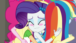 Size: 1280x720 | Tagged: safe, screencap, character:applejack, character:pinkie pie, character:rainbow dash, character:rarity, episode:fomo, g4, my little pony:equestria girls, blushing, eyes closed, group hug, hug