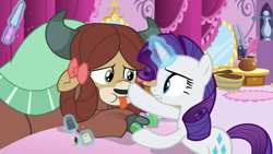 Size: 1280x720 | Tagged: safe, screencap, character:rarity, character:yona, species:pony, species:unicorn, species:yak, episode:she's all yak, g4, my little pony: friendship is magic, bleh, boop, bow, cloven hooves, cute, duo, female, hair bow, mare, monkey swings, paintbrush, painted hooves, tongue out, yonadorable
