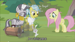 Size: 1100x620 | Tagged: safe, screencap, character:angel bunny, character:doctor fauna, character:fluttershy, character:zecora, species:earth pony, species:pegasus, species:pony, species:rabbit, species:zebra, episode:she talks to angel, g4, my little pony: friendship is magic, animal, cage, chinese, ear piercing, earring, female, fire lizard, jewelry, leg rings, male, mare, messy mane, neck rings, nick confalone, piercing, smoke, subtitles