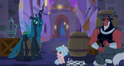 Size: 1919x1028 | Tagged: safe, screencap, character:cozy glow, character:lord tirek, character:queen chrysalis, species:centaur, species:changeling, species:pegasus, species:pony, episode:the summer sun setback, g4, my little pony: friendship is magic, chess, chess piece, chessboard, cloven hooves, female, filly, male, nose piercing, nose ring, piercing