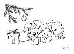 Size: 3509x2550 | Tagged: safe, artist:hunternif, character:pinkie pie, species:pony, christmas, clothing, hat, holiday, present, santa hat, solo