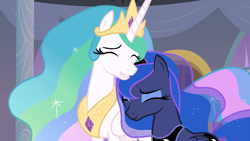 Size: 1920x1080 | Tagged: safe, screencap, character:princess celestia, character:princess luna, species:alicorn, species:pony, episode:the summer sun setback, g4, my little pony: friendship is magic, cute, cutelestia, eyes closed, female, lunabetes, mare, royal sisters, siblings, sisterly love, sisters, smiling