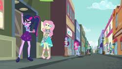 Size: 1280x720 | Tagged: safe, screencap, character:fluttershy, character:pinkie pie, character:twilight sparkle, character:twilight sparkle (scitwi), species:eqg human, episode:run to break free, g4, my little pony:equestria girls, blue dog, canterlot city, clothing, cute, diapinkes, feet, female, geode of sugar bombs, geode of telekinesis, glasses, leafy mint, legs, magical geodes, male, mile hill, mint chip, pants, pantyhose, ponytail, sandals, shoes, shyabetes, sky, twiabetes